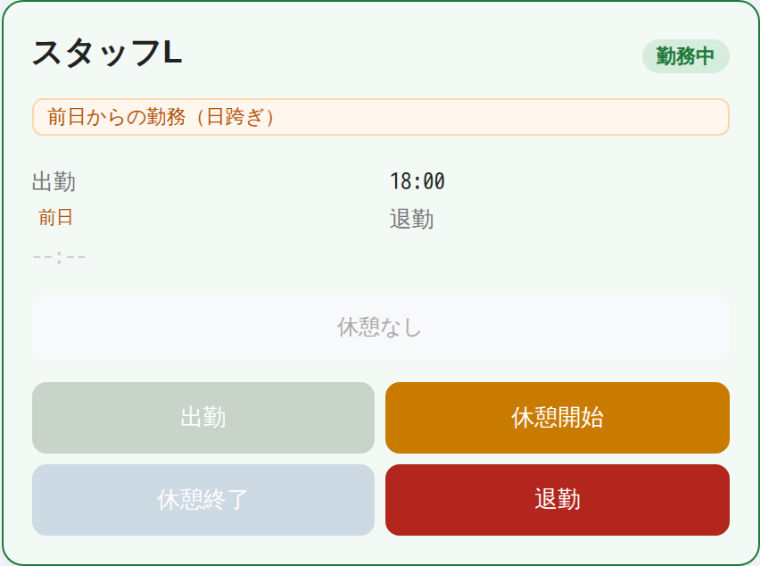 日跨ぎ勤務のカード。「前日からの勤務（日跨ぎ）」と表示され、出勤時刻18:00に「前日」と付いている